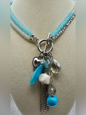 Artisan Beaded Turquoise & Silver Double-Strand Charm Necklace